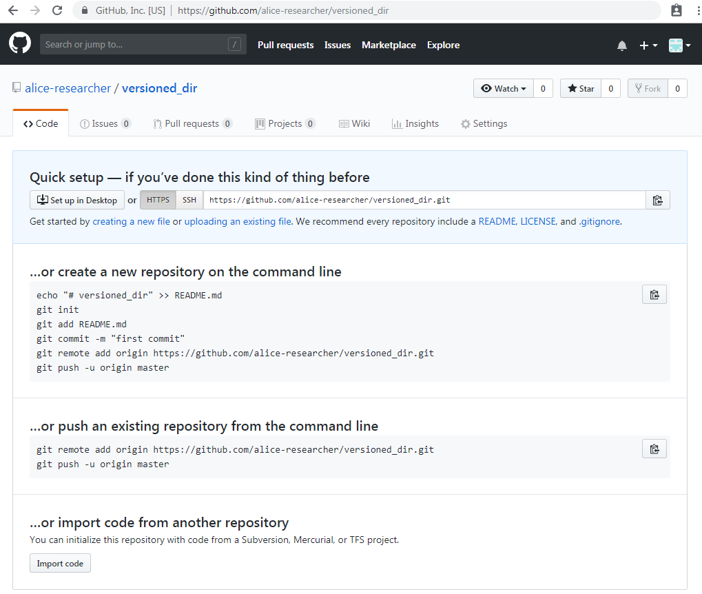 Image of the post-creation page of GitHub